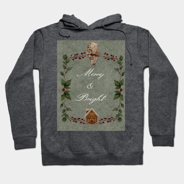 Cozy Holiday Watercolor Gingerbread House and Sleeping Owl Holiday Wreath Around Merry and Bright Cursive Typography Hoodie by penandbea